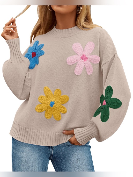 Aaeda Sweaters - Aaeda CREWNECK RIBBED KNIT FLOWER COLOR BLOCK LOOSE PULLOVER TOP SIZE: Large